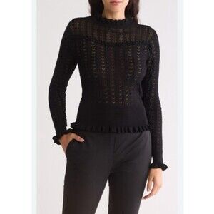 Industry Republic Clothing Ruffle Knit Mock Neck Sweater Women's Med Sheer Black